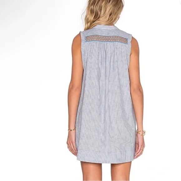 Free People Poppin Off Lace-Up Mini Dress Womens Small Chambray Striped Linen - Picture 6 of 10